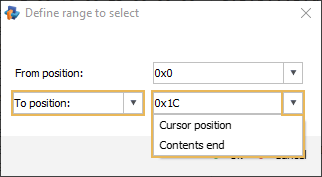 setting to position parameter in define range to select window in hexadecimal viewer of raise data recovery software