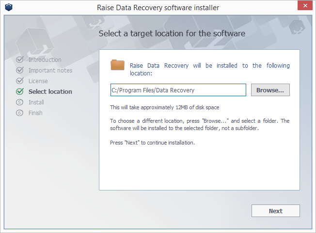 selecting target location for program in raise data recovery software installer