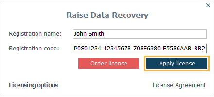 apply license button in activating new license window in raise data recovery program interface