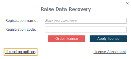 link to licensing options in activating new license window in raise data recovery program interface