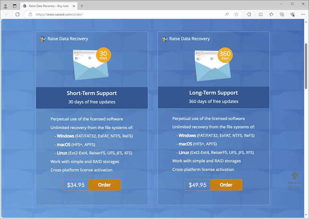 order page of raise data recovery software website