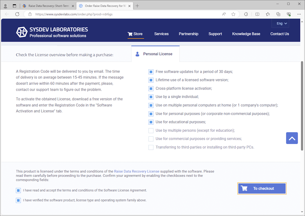 to checkout button activated on raise data recovery program order page of sysdev laboratories official website