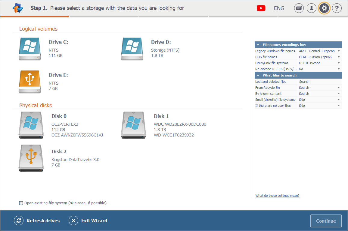 configuration and settings icon in main menu bar of raise data recovery program window