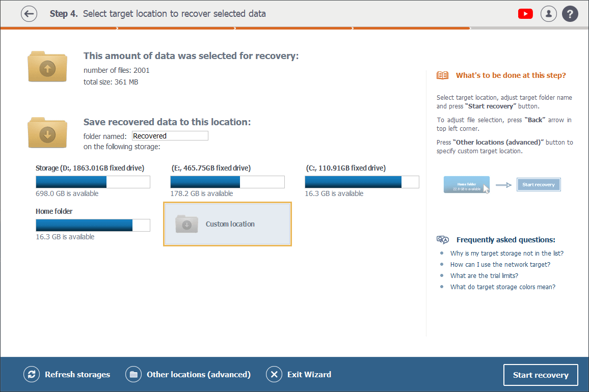 custom location option selected on step 4 of recovery procedure in raise data recovery software