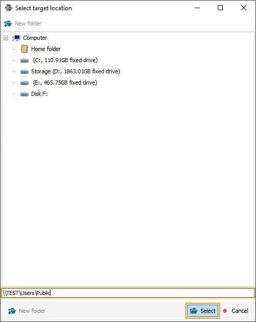 inserting copied network folder path into address box of select target location window in raise data recovery program