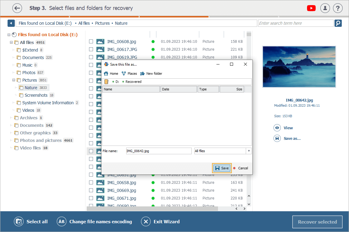 save this file as window opened after pressing save as function in right-side pane in raise data recovery program