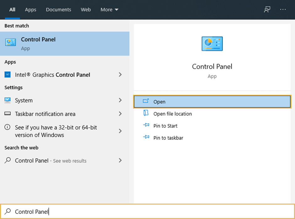 control panel opened in windows operating system