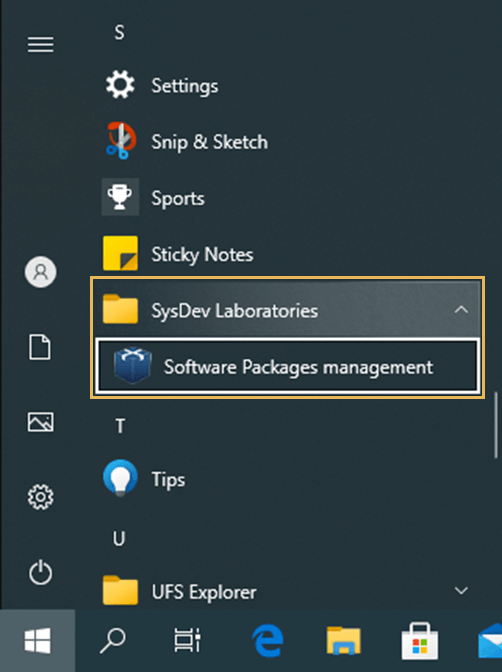 software packages management utility shortcut in windows start menu