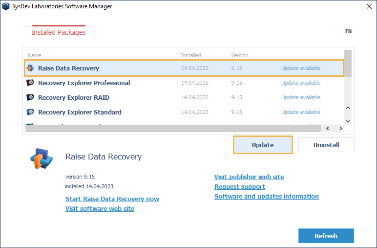 update button in sdl software manager utility window