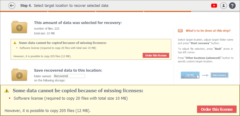 mensaje emergente informando sobre falta de licencias para copiar archivos