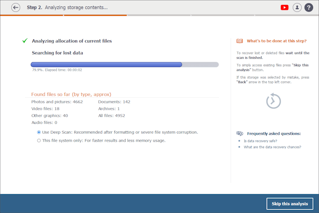 escaneo en busca de datos perdidos en progreso en raise data recovery