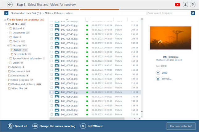 lista de archivos faltantes detectados por programa raise data recovery