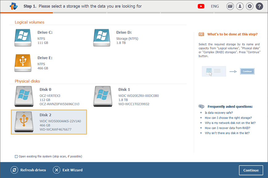 external hard drive selected in physical disks panel in raise data recovery