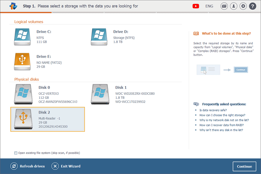 memory card on physical disks panel of raise data recovery main window