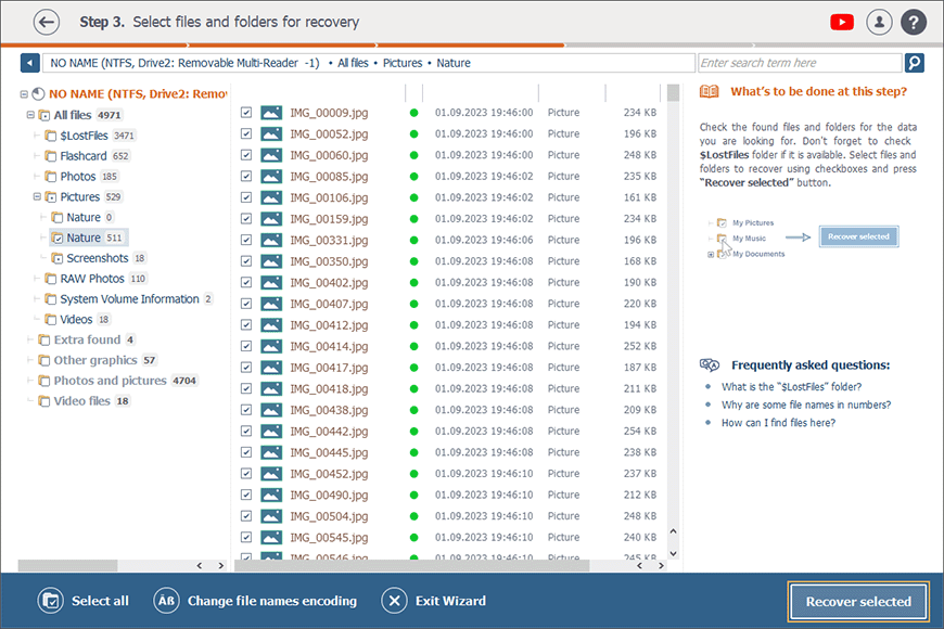 button to recover selected files from scanned memory card