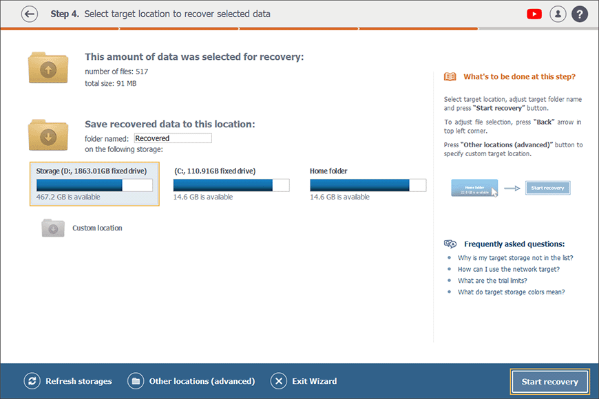 choosing storage to save photos retrieved after recovery of deleted files