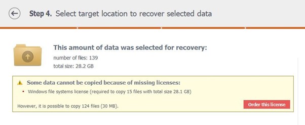 popup warning about impossibility to copy some recovered data