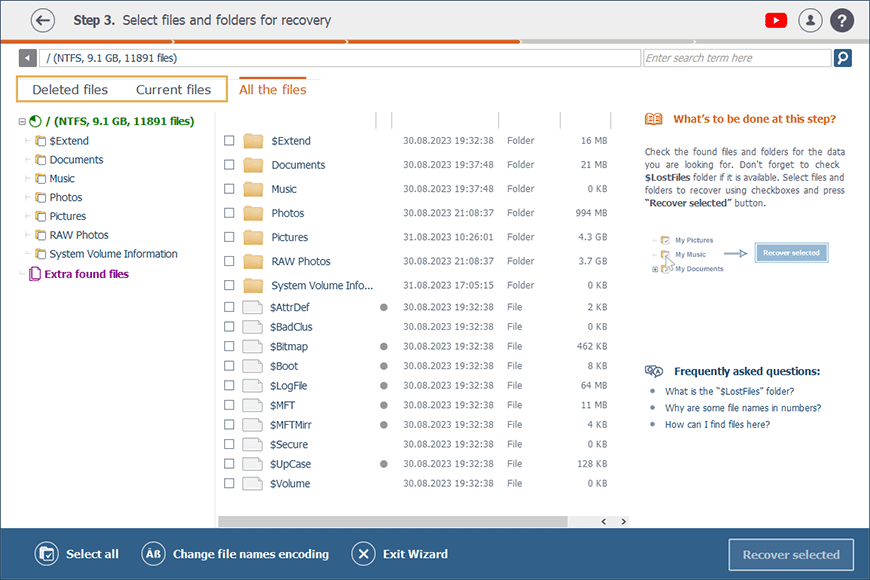 deleted and current files tabs in raise data recovery interface