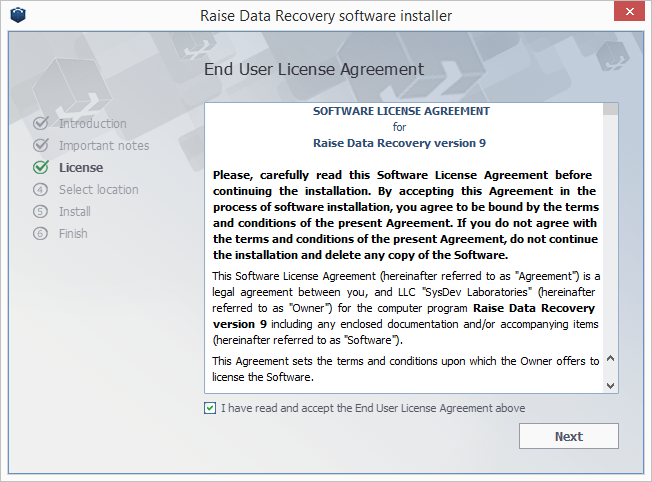 Endbenutzer-Lizenzvereinbarung im Installationsprogramm von Raise Data Recovery-Software