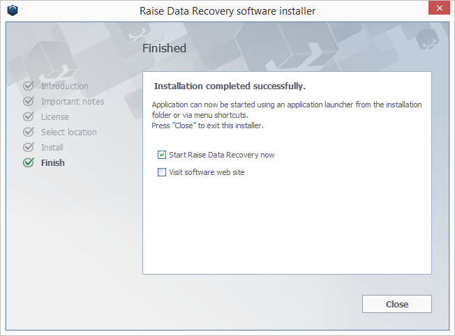 installation completed screen in raise data recovery software installer