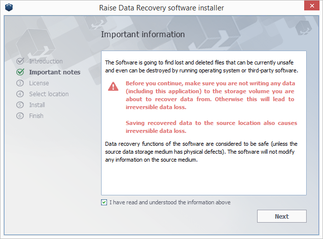 important information screen of raise data recovery software installer