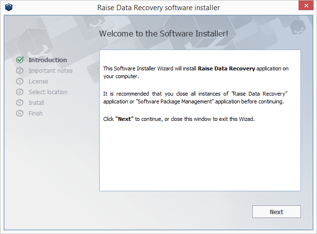 introduction screen of raise data recovery software installer