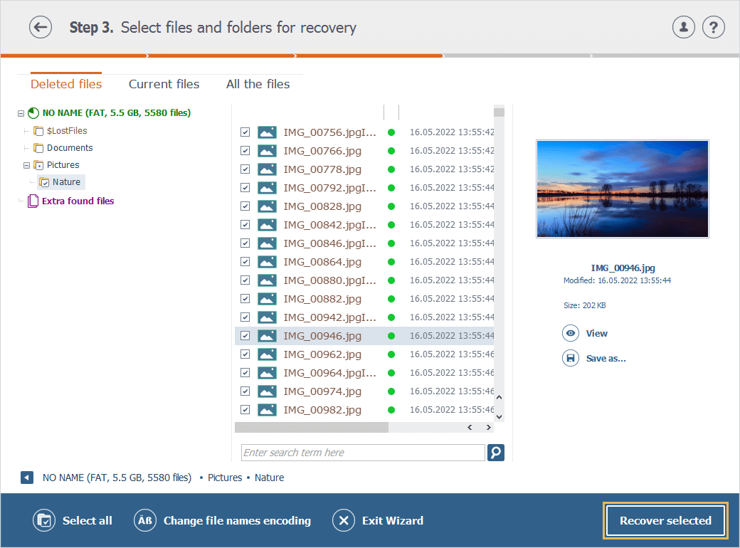 selecting data to save after file undelete operation