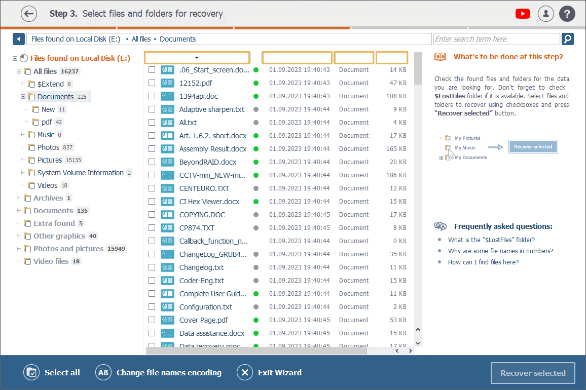 file sorting options on top of corresponding columns in explorer window in raise data recovery program