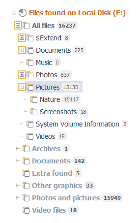 list of folders marked in different colors in left-side navigation pane of explorer window in raise data recovery program