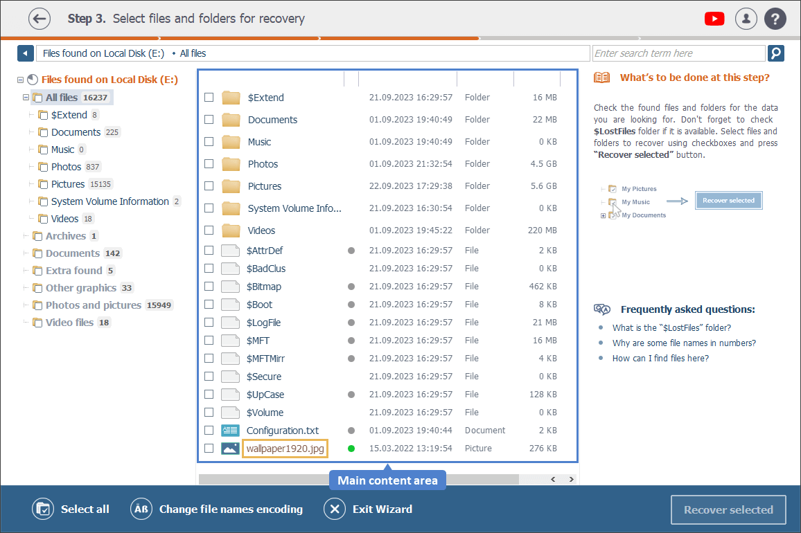 files and folders list in main content area of explorer window in raise data recovery program