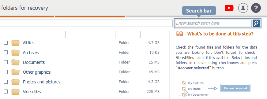 search bar on the right of address bar in explorer window in raise data recovery software