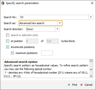 advanced hex search mode selected in specify search parameters window in hexadecimal viewer of raise data recovery