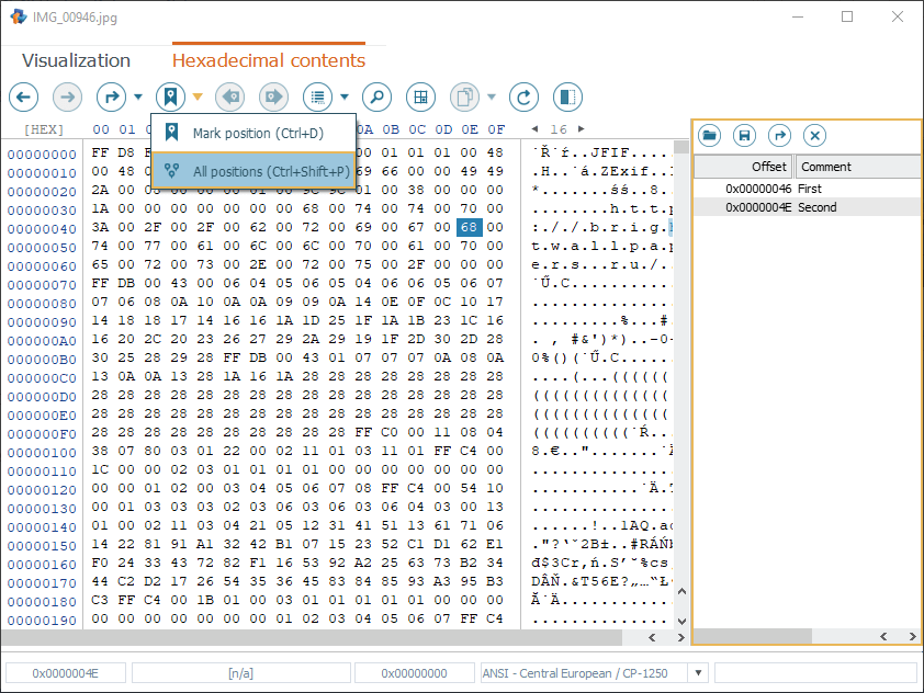 list of all marked positions in right-side panel in hexadecimal viewer of raise data recovery software