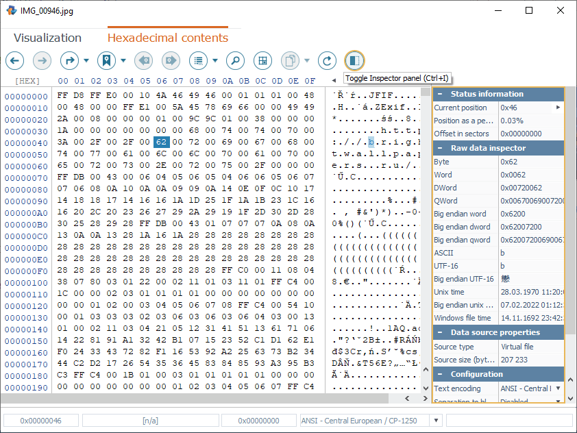 right-side inspector panel opened in hexadecimal viewer in raise data recovery program