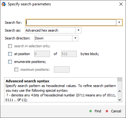 specify search parameters window in hexadecimal viewer of raise data recovery