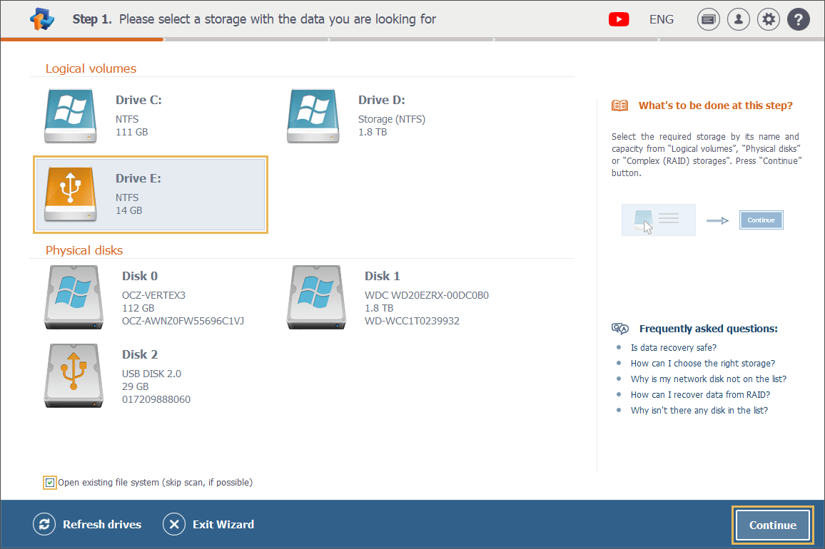 selecting drive for scanning in logical volumes tab in raise data recovery program