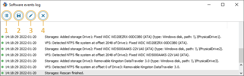 main toolbar functions in software events log window in raise data recovery program