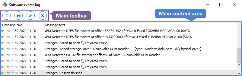 parts of software events log dialog in raise data recovery program