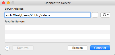 insert shared folder path in server address field of connect to server window in macOS