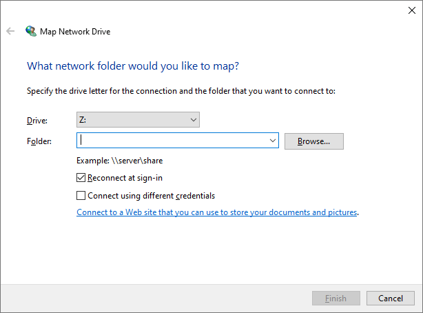 reconnect at logon option in map network drive window of windows os