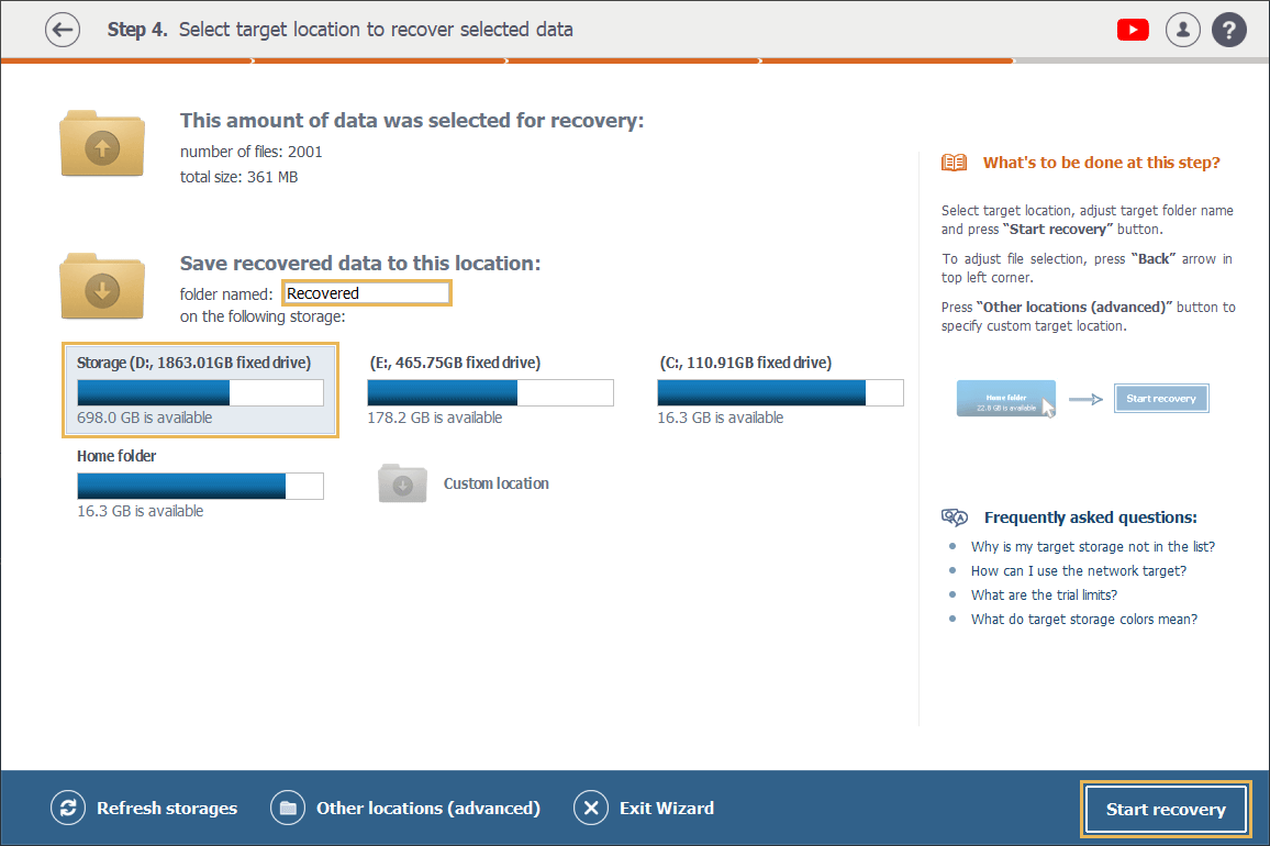 target location selection on step 4 of recovery procedure in raise data recovery program