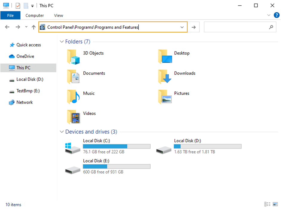 inserting path to programs and features in address bar of windows file explorer