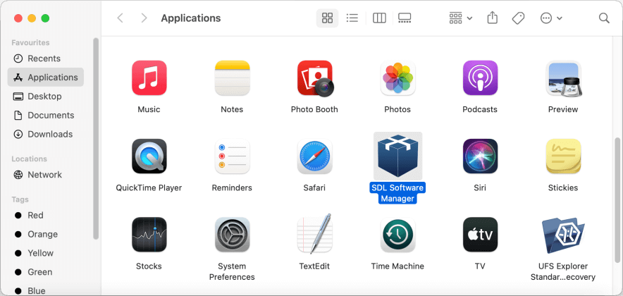 sdl software manager shortcut in applications window of macos
