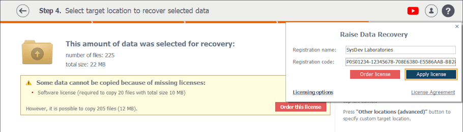 registration name and code entered in license activation dialog 