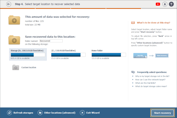 start recovery button in raise data recovery program interface