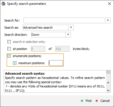 maximum positions parameter in specify search parameters window in hexadecimal viewer of raise data recovery