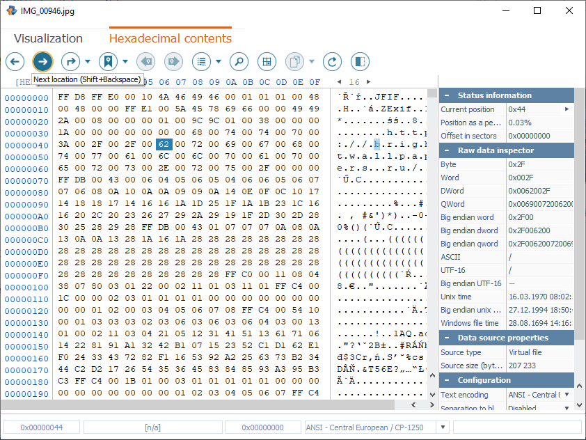 next location function of hexadecimal viewer main toolbar in raise data recovery program