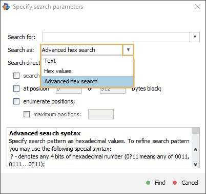 dropdown list of search as parameter in specify search parameters window in hexadecimal viewer of raise data recovery