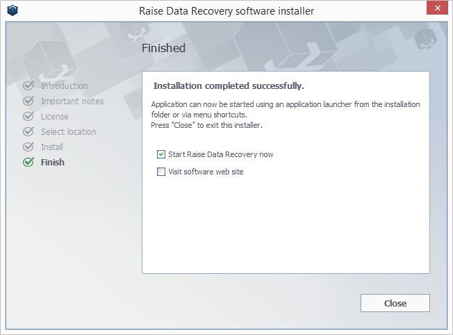 final step screen in raise data recovery software installer
