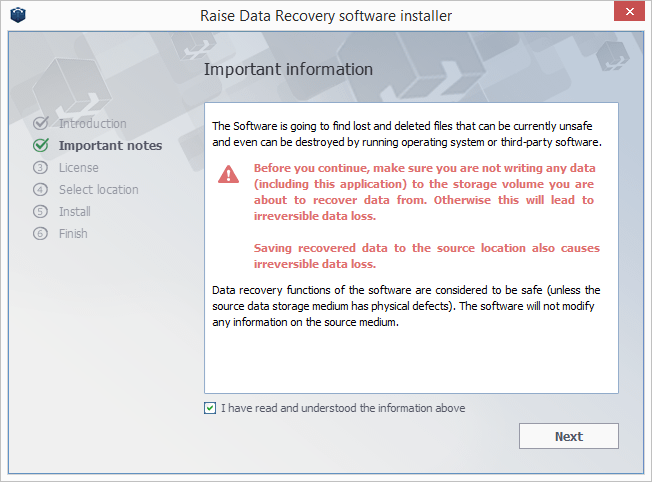important information note in raise data recovery software installer